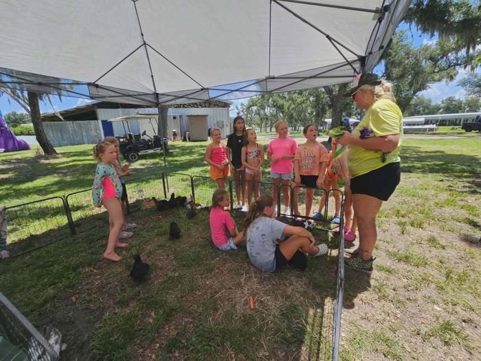 Campers gathered under the tent with the animals