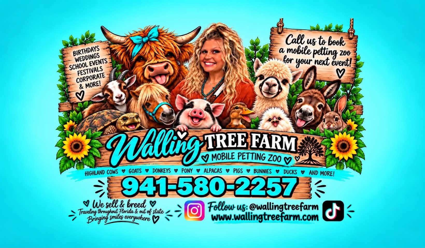 Walling Tree Farm Mobile Petting Zoo banner: owner Jessica with a Highland cow, goat, pony, pig, alpaca, donkey, duck, chick, bunny and tortoise. Call 941-580-2257